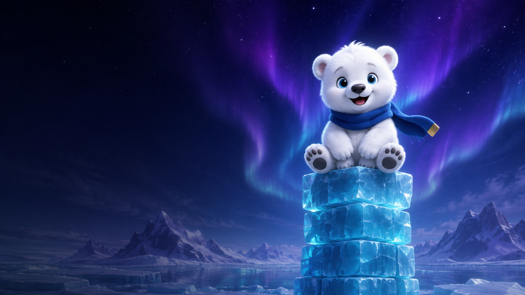 Nilo, o urso polar de cachecol azul, sentado em uma torre de gelo sob a aurora